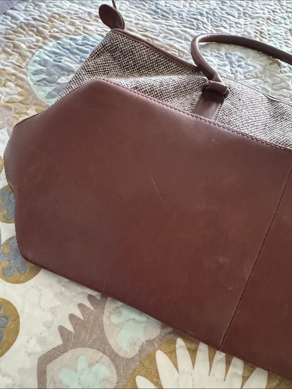 Vintage L.L. Bean Tan Tweed Tote with Brown Leather Trim and Handles